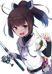 Rule 34 | 1girl, alternate costume, black undershirt, blade, blunt bangs, brown hair, commentary request, dutch angle, fanny pack, fish, fish request, fishing rod, floating hair, hands up, headgear, hibi tsuna, highres, holding, holding fishing rod, hood, hood down, hoodie, layered sleeves, long sleeves, looking at viewer, open mouth, ponytail, purple shirt, red eyes, shade, shirt, short over long sleeves, short sleeves, simple background, smile, solo, touhoku kiritan, upper body, voiceroid, white background, white hoodie