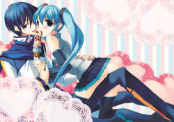 Rule 34 | 1boy, 1girl, aqua eyes, aqua hair, bad id, bad pixiv id, blue eyes, blue hair, blue scarf, breasts, couple, covered erect nipples, detached sleeves, food, frilled pillow, frills, hatsune miku, heart, heart-shaped pillow, hetero, ice cream, kaito (vocaloid), kunai uri, licking, long hair, nail polish, necktie, panties, pillow, scarf, short hair, skirt, small breasts, smile, thighhighs, tongue, twintails, underwear, vocaloid, zettai ryouiki