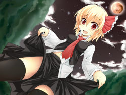 Rule 34 | 1girl, bad id, bad pixiv id, between breasts, blonde hair, blush, breasts, embodiment of scarlet devil, female focus, from below, full moon, hair ribbon, impossible clothes, impossible shirt, medium breasts, moon, necktie, open mouth, red eyes, red necktie, ribbon, roten (rotenburo), rumia, shirt, short hair, skirt, skirt hold, solo, thighhighs, touhou, zettai ryouiki