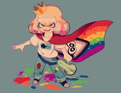 Rule 34 | + +, :d, brown eyes, cape, cephalopod eyes, clem (calmeremerald), commentary, crown, denim, english commentary, full body, highres, jeans, megaphone, mole, mole under eye, mole under mouth, nintendo, open mouth, paint splatter, pants, pearl (splatoon), rainbow flag, shirt, shoes, smile, splatoon (series), standing, tentacle hair, tilted headwear, torn clothes, white shirt