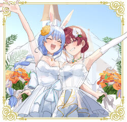 Rule 34 | 2girls, animal ear fluff, animal ears, blue hair, blush, bouquet, braid, braided ponytail, breasts, bridal veil, bride, commentary, dress, flower, heterochromia, highres, holding, holding bouquet, hololive, houshou marine, jewelry, long hair, mature female, multicolored hair, multiple girls, open mouth, pekomama, rabbit ears, rabbit girl, red eyes, red hair, shino 12a, short eyebrows, symbol-only commentary, thick eyebrows, usada pekora, veil, virtual youtuber, wedding dress, white dress, white hair, yellow eyes