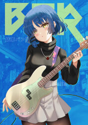 Rule 34 | 1girl, black shirt, blue background, blue hair, bocchi the rock!, breasts, brown pantyhose, commentary request, electric guitar, grey skirt, guitar, hair ornament, hairclip, head tilt, highres, holding, holding instrument, instrument, long sleeves, looking at viewer, medium breasts, mole, mole under eye, pantyhose, parted lips, pleated skirt, shirt, skirt, solo, text background, turtleneck, xephonia, yamada ryo, yellow eyes