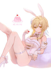 1girl adelie_cat alternate_costume bare_shoulders blonde_hair blush breasts cake feather_hair_ornament feathers flower food genshin_impact hair_between_eyes hair_flower hair_ornament highres holding holding_food leotard long_hair lumine_(genshin_impact) medium_breasts short_hair_with_long_locks sidelocks solo thighs white_flower white_leotard yellow_eyes