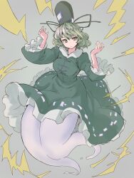 Rule 34 | 1girl, bifidus (exkagerou8665), black hat, closed mouth, cross-laced clothes, dress, frilled dress, frills, full body, ghost tail, green dress, green eyes, green hair, hat, highres, lightning, long sleeves, looking at viewer, short hair, soga no tojiko, solo, tate eboshi, touhou