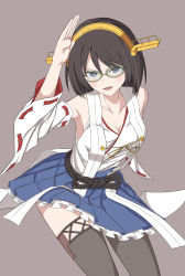 Rule 34 | &gt;:d, 10s, :d, armpits, blue eyes, blush, boots, breasts, brown background, brown hair, cleavage, detached sleeves, glasses, headgear, highres, intirami, kantai collection, kirishima (kancolle), leaning forward, no legwear, nontraditional miko, open mouth, skirt, smile, thigh boots, thighhighs, thighs, v-shaped eyebrows