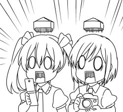 Rule 34 | 0 0, 2girls, bow, breasts, camera, cellphone, double spoiler, emphasis lines, flip phone, greyscale, hair between eyes, hair bow, himekaidou hatate, jeno, monochrome, multiple girls, open mouth, phone, puffy short sleeves, puffy sleeves, shameimaru aya, shoot the bullet, short hair, short sleeves, surprised, touhou, twintails, wing collar