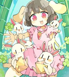 Rule 34 | 1girl, :3, :d, absurdres, animal ears, bamboo, barefoot, baron (x5qgeh), blush stickers, breasts, carrot necklace, clover, commentary request, dress, floppy ears, four-leaf clover, frilled sleeves, frills, full body, grey hair, highres, inaba mob (touhou), inaba tewi, jewelry, looking at viewer, necklace, open mouth, pink dress, puffy short sleeves, puffy sleeves, rabbit, rabbit ears, rabbit girl, red eyes, ribbon-trimmed dress, short hair, short sleeves, sitting, small breasts, smile, solo, touhou, wariza