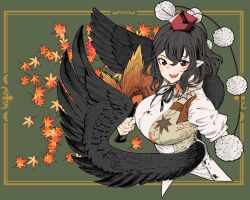 Rule 34 | 1girl, bird wings, black hair, black ribbon, black wings, blush, breasts, buttons, collared shirt, feathered wings, hair between eyes, hand fan, hat, hauchiwa, holding, holding fan, konoshita kiyomasa, large breasts, leaf, maple leaf, open mouth, pointy ears, pom pom (clothes), red eyes, red hat, ribbon, shameimaru aya, shirt, short hair, short sleeves, smile, solo, tokin hat, touhou, upper body, white shirt, wings