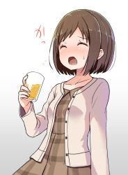 Rule 34 | 1girl, :o, ^ ^, alcohol, bang dream!, blush, bob cut, brown dress, brown hair, cardigan, closed eyes, collarbone, commentary request, cup, dress, drinking glass, drunk, hazawa tsugumi, holding, holding cup, holding drinking glass, long sleeves, nose blush, open mouth, shipii (jigglypuff), short hair, solo, sweatdrop, white cardigan