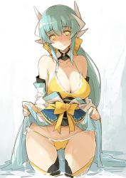Rule 34 | 1girl, aqua hair, bad id, bad twitter id, bare shoulders, bikini, blush, bow, breasts, cameltoe, cleavage, clothes lift, cowboy shot, detached collar, dress, dress lift, fate/grand order, fate (series), hair between eyes, hair bow, horns, kekemotsu, kiyohime (fate), kiyohime (swimsuit lancer) (first ascension) (fate), large breasts, lifting own clothes, long hair, looking at viewer, obi, off shoulder, sash, sketch, smile, solo, string bikini, swimsuit, thighhighs, thighs, wading, yellow bikini, yellow eyes