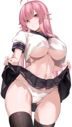 Rule 34 | 1girl, ahoge, black skirt, black thighhighs, blush, breasts, closed mouth, clothes lift, commission, crop top, crop top overhang, gluteal fold, highres, large breasts, lifted by self, long hair, looking at viewer, original, panties, puffy short sleeves, puffy sleeves, red eyes, school uniform, short sleeves, sidelocks, simple background, skirt, skirt lift, solo, spider apple, thighhighs, underboob, underwear, white background, white panties