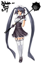 Rule 34 | 1girl, black gloves, black hair, breasts, dress, eu03, frills, garter straps, gloves, gothic lolita, hairband, kooh, lolita fashion, lolita hairband, long hair, mace, maid headdress, pangya, red eyes, solo, thighhighs, twintails, very long hair, weapon, white thighhighs