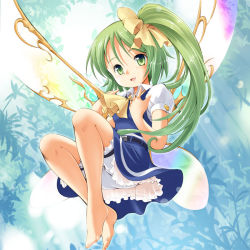 Rule 34 | 1girl, ascot, barefoot, bloomers, bow, daiyousei, fairy, fairy wings, feet, female focus, green eyes, green hair, hair bow, matching hair/eyes, open mouth, puffy sleeves, seminoyu, side ponytail, smile, solo, sunlight, touhou, underwear, wings