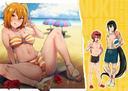Rule 34 | 1girl, 2boys, :d, :q, abs, ahoge, alexander (fate), arm support, artist name, ball, bare arms, bare legs, bare shoulders, beach, beach towel, beach umbrella, beach volleyball, bikini, black jammers, black male swimwear, blue male swimwear, blue swim trunks, blurry, breasts, bulge, cleavage, closed mouth, cloud, cloudy sky, commentary request, copyright name, crocs, day, depth of field, drawstring, erection, erection under clothes, eyewear on head, fate/grand order, fate (series), feet, flower, fujimaru ritsuka (female), fujimaru ritsuka (female) (brilliant summer), full-body tattoo, futanari, green hair, grin, hair between eyes, hair ornament, hair scrunchie, halterneck, heart, heart-shaped pupils, hibiscus, holding, holding ball, horizon, ikeshita moyuko, jammers, leaning back, long hair, looking at viewer, male swimwear, medium breasts, multiple boys, navel, ocean, official alternate costume, one side up, open mouth, orange bikini, orange eyes, orange hair, outdoors, print male swimwear, print swim trunks, print swimsuit, red eyes, red footwear, red hair, round teeth, sandals, scrunchie, shade, shiny skin, short hair, sitting, sky, smile, spread legs, stomach, striped bikini, striped clothes, sunglasses, sweat, swim trunks, swimsuit, symbol-shaped pupils, tattoo, teeth, toes, tongue, tongue out, topless male, towel, umbrella, v, very long hair, water, white footwear, yan qing (fate)