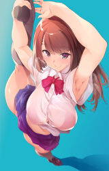 Rule 34 | 1girl, armpits, black socks, blouse, blue background, bow, bowtie, bra visible through clothes, breasts, brown hair, highres, kneehighs, large breasts, loafers, long hair, looking at viewer, original, pink bow, pink bowtie, purple eyes, school uniform, shadow, shirt, shoes, simple background, skirt, smile, socks, solo, split, standing, standing on one leg, standing split, sweat, thighhighs, thomasz, white shirt