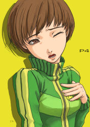 Rule 34 | 1girl, artist name, atlus, brown eyes, brown hair, copyright name, hand on own chest, one eye closed, open mouth, persona, persona 4, satonaka chie, short hair, solo, tama (pixiv69870), tama (tama sphere)