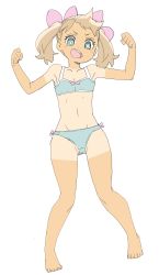 Rule 34 | 1girl, :d, absurdres, bad id, bad twitter id, bare arms, bare legs, barefoot, bikini, blonde hair, blue bikini, blue bra, blue eyes, blue panties, blush, bow, bow bikini, bra, copyright request, donguri suzume, flat chest, hair bow, highres, looking at viewer, open mouth, panties, pink bow, simple background, smile, solo, swimsuit, tan, tanline, twintails, underwear, white background, yellow pupils