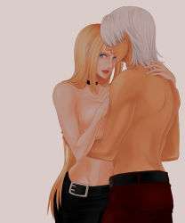 Rule 34 | 1boy, 1girl, back, belt, blonde hair, blue eyes, breasts, capcom, choker, couple, dante (devil may cry), devil may cry (series), holding, large breasts, long hair, looking at viewer, topless male, topless, trish (devil may cry), white hair