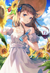 Rule 34 | 1girl, :d, arm up, back bow, bare shoulders, blue eyes, blush, bow, bracelet, braid, breasts, brown hair, brown hat, butterfly hair ornament, cleavage, cloud, collarbone, cowboy shot, day, dress, flower, frilled sleeves, frills, grin, hair ornament, hand on headwear, hat, hat flower, hat ornament, hibiscus, highres, holding, huwari (dnwls3010), jewelry, leaf, long hair, looking at viewer, off-shoulder dress, off shoulder, open mouth, original, outdoors, puffy short sleeves, puffy sleeves, red flower, short sleeves, single braid, small breasts, smile, solo, sun hat, sundress, sunflower, teeth, tupet, water drop, white bow, white dress, yellow flower