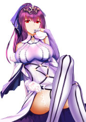 Rule 34 | 1girl, absurdres, an yasuri, breasts, cleavage, crossed legs, dress, fate/grand order, fate (series), highres, large breasts, long hair, looking at viewer, purple hair, red eyes, scathach (fate), scathach skadi (fate), solo, thighs, tiara, white background