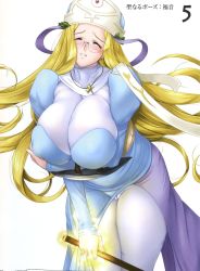 Rule 34 | 00s, blonde hair, blush, bodysuit, breasts, breasts squeezed together, gainos priestess melpha, glasses, highres, huge breasts, long hair, magic, melpha, pantyhose, plump, queen&#039;s blade, shield, solo, very long hair, zundarepon