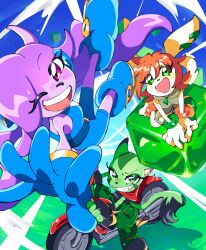 Rule 34 | 3girls, abstract background, absurdres, animal ears, blush, boots, bracelet, breasts, carol tea, cat ears, cat tail, cube, dog ears, dog tail, dragon girl, dragon horns, eyelashes, fingerless gloves, freedom planet, furry, galaxytrail, gloves, green eyes, grin, headgear, highres, hood, hoodie, horns, jewelry, kayama yosi (yosiyosi), kneeling, long ears, looking at viewer, looking up, milla basset, motor vehicle, motorcycle, multiple girls, one eye closed, open mouth, orange hair, purple eyes, purple hair, sash lilac, scarf, shirt, short hair, shorts, sky, smile, tail, twintails, unitard, wink