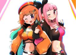 Rule 34 | 2girls, alternate costume, blunt bangs, breasts, cleavage, cleavage cutout, clothing cutout, gradient hair, green hair, hat, hololive, hololive english, jacket, locked arms, looking to the side, maru ccy, medium breasts, midriff, mori calliope, multicolored hair, multiple girls, navel, one eye closed, open mouth, orange hair, orange headwear, orange jacket, pink eyes, pink hair, smile, spikes, takanashi kiara, virtual youtuber, vocaloid, wah wah world (vocaloid)