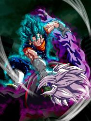 2boys absurdres battle black_bodysuit black_pants blue_eyes blue_hair blue_pants blue_sash bodysuit boots colored_sclera colored_skin dougi dragon_ball dragon_ball_super earrings fused_zamasu gloves grabbing_another&#039;s_head green_skin highres hiro_(udkod1ezlyi2flo) jewelry long_sleeves melting mismatched_sclera multicolored_skin multiple_boys muscular muscular_male mutation orange_shirt pants pointy_ears potara_earrings purple_skin redrawn ring saiyan sash shirt short_sleeves spiked_hair vegetto white_footwear white_gloves white_hair yellow_sclera