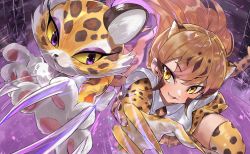 Rule 34 | 2girls, animal ears, animal hands, animal nose, attack, black fur, blonde hair, body fur, brown fur, brown hair, cheetah (kemono friends), cheetah ears, cheetah girl, cheetah print, clawroline, claws, colored inner hair, colored sclera, crossover, elbow gloves, extra ears, fingernails, fisheye, floating hair, furry, furry female, gloves, hakoneko (marisa19899200), highres, incoming attack, kemono friends, kirby (series), kirby and the forgotten land, long hair, looking at viewer, miniskirt, multicolored hair, multiple girls, necktie, nintendo, orange fur, parted lips, print gloves, print legwear, print necktie, print skirt, purple eyes, sharp fingernails, shirt, short sleeves, side-by-side, skirt, slit pupils, smile, snout, spotted hair, thighhighs, trait connection, v-shaped eyebrows, whiskers, white shirt, yellow eyes, yellow fur, yellow sclera, zettai ryouiki