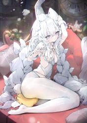 Rule 34 | + +, 1girl, animal ears, ass, azur lane, between buttocks, blue eyes, braid, breasts, clock, commentary, couch, dd9, fake animal ears, female focus, hand on own head, highres, kneeling, le malin (azur lane), le malin (listless lapin) (azur lane), leotard, long hair, looking at viewer, manjuu (azur lane), official alternate costume, pantyhose, playboy bunny, rabbit ears, rabbit tail, small breasts, solo, symbol-only commentary, tail, twin braids, very long hair, white hair, white pantyhose, wrist cuffs