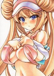 Rule 34 | 10s, 1girl, blue eyes, blush, breasts, brown hair, cleavage, clothes lift, covered erect nipples, creatures (company), curvy, double bun, game freak, hair bun, hat, large breasts, long hair, marker (medium), mechanical pencil, millipen (medium), navel, nintendo, pencil, pokemon, pokemon bw2, rosa (pokemon), shirt, shirt lift, simple background, slit pupils, solo, tank top, traditional media, uneven eyes, wet, white background, yutakasan-love