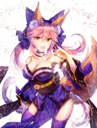 Rule 34 | 10s, 1girl, animal ears, bare shoulders, blue thighhighs, breasts, cleavage, collarbone, deep (deep4946), fate/extra, fate/extra ccc, fate/grand order, fate (series), fox ears, fox shadow puppet, fox tail, hair ornament, hair ribbon, japanese clothes, large breasts, looking at viewer, open mouth, petals, pink hair, ribbon, simple background, solo, tail, tamamo (fate), tamamo no mae (fate/extra), thighhighs, white background, yellow eyes