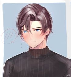 Rule 34 | 1boy, artem wing (tears of themis), black sweater, blush, border, brown hair, closed mouth, flying sweatdrops, forehead, light blue background, male focus, mirin pengin, portrait, short hair, signature, solo, sweater, tears of themis, white border