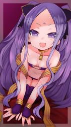 Rule 34 | 1girl, bare shoulders, bikini, bow, breasts, eyepatch bikini, fate/grand order, fate (series), forehead, hair bow, highres, izuoku, jewelry, long hair, looking at viewer, neck ring, open mouth, parted bangs, purple bikini, purple eyes, purple hair, purple thighhighs, seiza, sidelocks, sitting, small breasts, smile, solo, swimsuit, thighhighs, thighs, twintails, very long hair, wu zetian (fate)
