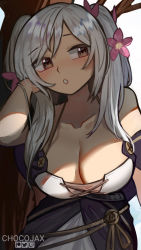 Rule 34 | 1girl, :o, arm up, artist name, bare shoulders, blush, breasts, brown eyes, chocojax, cleavage, collarbone, commentary, cowboy shot, dress, fire emblem, fire emblem awakening, fire emblem heroes, flower, hair flower, hair ornament, hand up, highres, large breasts, long hair, looking at viewer, nintendo, official alternate costume, parted lips, pink flower, robin (female) (fire emblem), robin (female) (valentine) (fire emblem), robin (fire emblem), silver hair, solo, swept bangs, tree, twintails