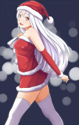 Rule 34 | 1girl, albino, bare shoulders, blush, detached sleeves, hat, long hair, open mouth, original, pinkwaters, red eyes, sack, santa costume, santa hat, solo, thighhighs, white hair, white thighhighs