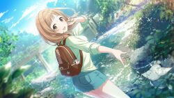 Rule 34 | bag charm, bird, blue shorts, bridge, brown bag, brown eyes, brown hair, charm (object), cloud, dutch angle, game cg, green shirt, hand in own hair, idolmaster, idolmaster shiny colors, light brown hair, looking at viewer, looking back, medium hair, official art, open mouth, outdoors, reaching, sakuragi mano, shirt, shorts, sky, sleeves rolled up, smile, solo, sparkle, thighs, tomari (veryberry00), water