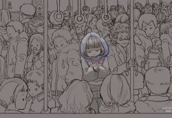 Rule 34 | 6+boys, 6+girls, backpack, bag, blunt bangs, cellphone, closed eyes, coat, commentary, crowd, dated, english commentary, greyscale, hand in pocket, handbag, holding, holding bag, holding phone, hood, hood up, hooded coat, long sleeves, mito (mitonim), monochrome, multiple boys, multiple girls, original, phone, ponytail, short hair, sleeping, sleeping upright, smartphone, spot color, standing, train interior, winter clothes, winter coat, x x, zzz