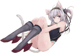 Rule 34 | 1girl, animal ears, black footwear, black one-piece swimsuit, boots, breasts, brown eyes, cat ears, cat tail, commentary request, competition swimsuit, grey footwear, headband, kantai collection, knee boots, hugging own legs, long hair, looking at viewer, one-piece swimsuit, one side up, revision, rudder footwear, silver hair, simple background, small breasts, solo, suzutsuki (kancolle), swimsuit, tail, white background, yumesato makura