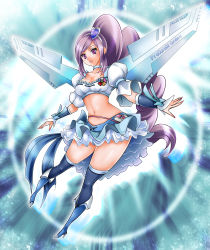 Rule 34 | 00s, 1041 (toshikazu), 1girl, aono miki, blue footwear, blue skirt, boots, cure berry, cure berry (angel), eyelashes, fresh precure!, hair ornament, heart, heart hair ornament, knee boots, long hair, magical girl, midriff, navel, precure, purple eyes, purple hair, skirt, solo, thigh boots, thighhighs, wings