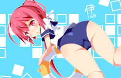 Rule 34 | 10s, 1girl, ass, bare legs, blush, from behind, hair ribbon, i-168 (kancolle), innertube, kantai collection, long hair, looking at viewer, looking back, one-piece swimsuit, open mouth, personification, ponytail, red eyes, red hair, ribbon, school swimsuit, school uniform, serafuku, solo, swim ring, swimsuit, swimsuit under clothes, yukikasa