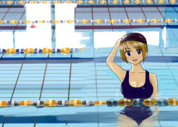 Rule 34 | 1girl, afloat, blonde hair, blue eyes, blush, breasts, cleavage, collarbone, large breasts, looking at viewer, miomio1120, open mouth, original, partially immersed, partially submerged, pool, racing, short hair, solo, standing, swim cap, swimming, swimsuit, wading, water, wet