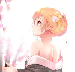 Rule 34 | 1girl, alternate hairstyle, blonde hair, cherry blossoms, closed mouth, earrings, flower, hair flower, hair ornament, japanese clothes, jewelry, junko (touhou), kimono, nape, off shoulder, red eyes, septet (zrca janne), solo, touhou