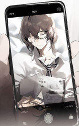 Rule 34 | 2boys, absurdres, akechi gorou, amamiya ren, ameinu, black hair, book, camera, cellphone, cellphone photo, closed eyes, closed mouth, collared shirt, glasses, grey eyes, hair between eyes, highres, holding, holding phone, male focus, multiple boys, official alternate hairstyle, persona, persona 5, persona 5 the royal, phone, shirt, short hair, sleeping, smartphone, taking picture, white shirt