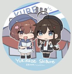Rule 34 | 2girls, ahoge, black hat, black thighhighs, blue eyes, blue hat, braid, brown hair, character name, chibi, flower, hair flaps, hair flower, hair ornament, hat, holding, jacket, kantai collection, multiple girls, one eye closed, open clothes, open jacket, open mouth, picoli1313, pink flower, shigure (kancolle), single braid, smile, standing, thighhighs, yukikaze (kancolle)