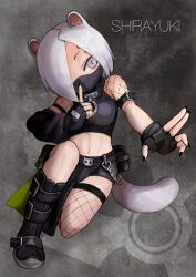 Rule 34 | 1girl, animal ears, arknights, armor, belt, bike shorts, black belt, black collar, black footwear, black gloves, black nails, black shirt, black shorts, black sleeves, black thighhighs, buchi0122, chain, character name, collar, covered mouth, cropped shirt, detached sleeves, fingerless gloves, fingernails, fishnet sleeves, fishnet thighhighs, fishnets, full body, gloves, grey eyes, grey hair, grey tail, hair over one eye, highres, long bangs, mask, midriff, mouth mask, nail polish, navel, ninja mask, one eye covered, outstretched arm, pelvic curtain, pouch, shirayuki (arknights), shirt, short hair, shorts, single detached sleeve, single thighhigh, sleeveless, sleeveless shirt, slit pupils, solo, tail, thighhighs, tight clothes