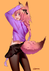 Rule 34 | 1boy, animal ears, ass, astolfo (fate), astolfo (memories at trifas) (fate), blush, braid, c3momo, clothes lift, cowboy shot, fang, fate/grand order, fate (series), fox ears, fox tail, hair ribbon, highres, jacket, lifted by tail, long hair, male focus, official alternate costume, panties, panties under pantyhose, pantyhose, pantyshot, pink hair, ponytail, purple eyes, ribbon, simple background, single braid, skin fang, skirt, skirt lift, solo, standing, sweat, tail, trap, underwear, upskirt, very long hair