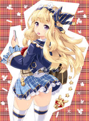 Rule 34 | 10s, 1girl, bag, blonde hair, blush, bow, cagliostro (granblue fantasy), cagliostro (youthful uniform) (granblue fantasy), candy, cellphone, food, from behind, granblue fantasy, hair bow, hairband, lollipop, long hair, long sleeves, looking at viewer, looking back, phone, plaid, plaid background, plaid skirt, purple eyes, school bag, school uniform, shinozuka atsuto, skirt, solo, thighhighs, white thighhighs, zettai ryouiki