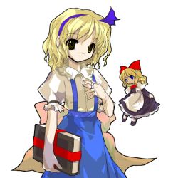 Rule 34 | alice margatroid, alice margatroid (pc-98), alphes (style), blonde hair, blue eyes, book, bow, doll, female focus, hair bow, hair ornament, hairband, multiple girls, mystic square, parody, shanghai doll, string, style parody, touhou, touhou (pc-98), yellow eyes, aged down