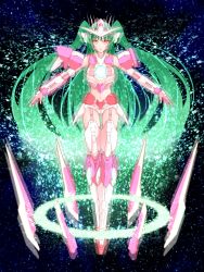 Rule 34 | 00 qan[t], 00s, 1girl, alternate color, armor, armored boots, boots, breasts, full body, garter belt, glowing, green hair, gundam, gundam 00, highres, jewelry, long hair, mecha musume, navel, outstretched arms, personification, pink footwear, ring, small breasts, sparkle, thigh boots, thighhighs, trans-am, uyu (keyakinoki), very long hair